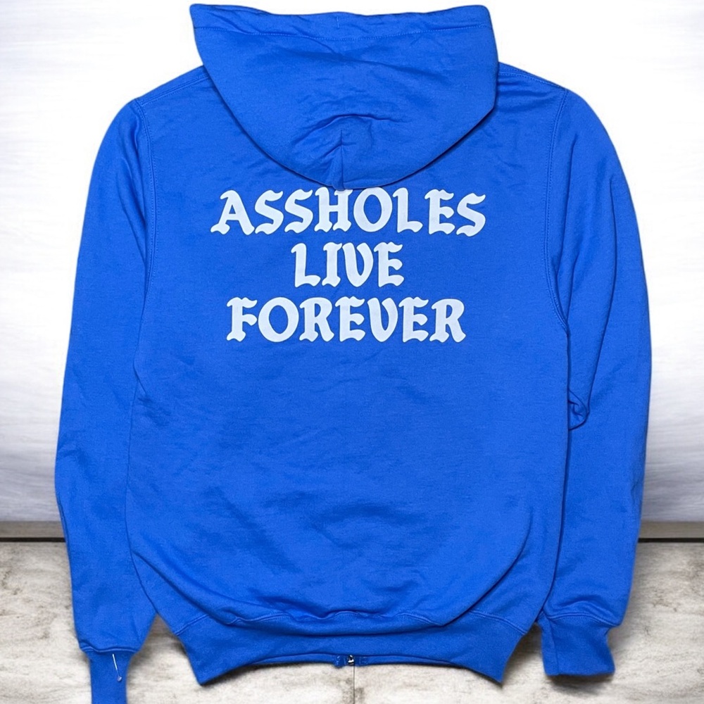 ASSHOLES LIVE FOREVER Hoodie Mens Small Sweatshirt Blue Sweater Zip Up Fleece